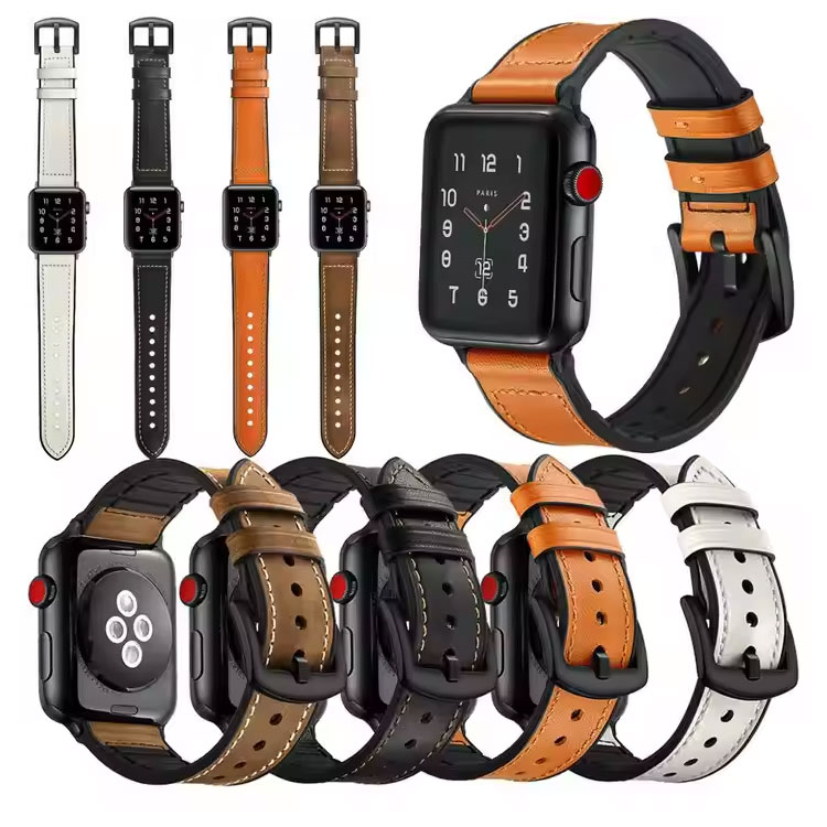 Genuine Leather & Silicone Replacement Strap Band For Apple Watch Series