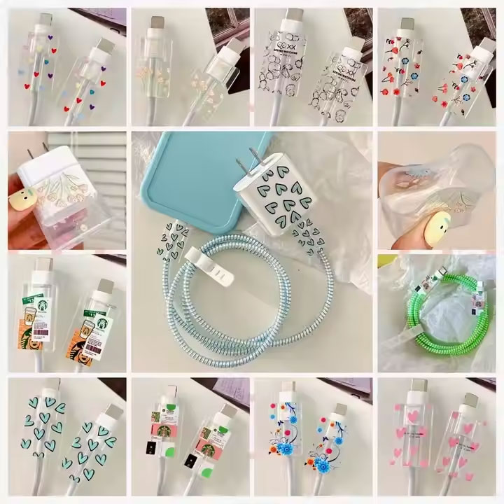 Iphone Pink Heart Silicone Cable Organiser Cord USB Cable Charging Head Winder Case Protector