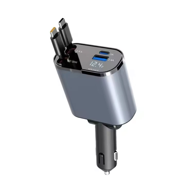 Car Phone Charger with Dual Retractable Cables Dual USB Ports